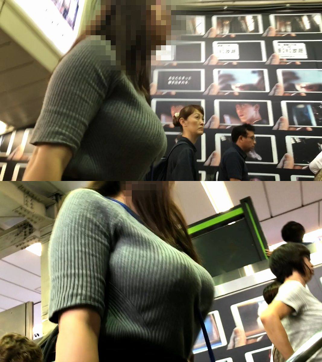 デカパイ女性の胸元を接写撮りしてる！