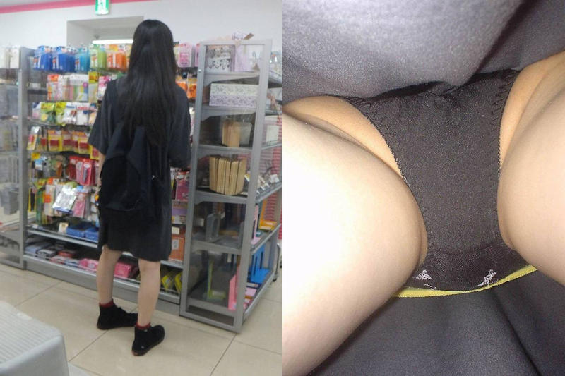 買い物中の黒髪美少女の黒パンツを逆さ撮り！
