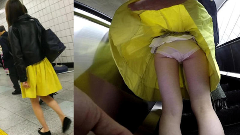 黄色スカートを履いた美女のパンチラ！